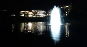 Fountain and library lit up after dark