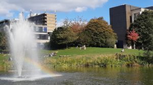 Fountain with rainbow on campus at Bath Uni