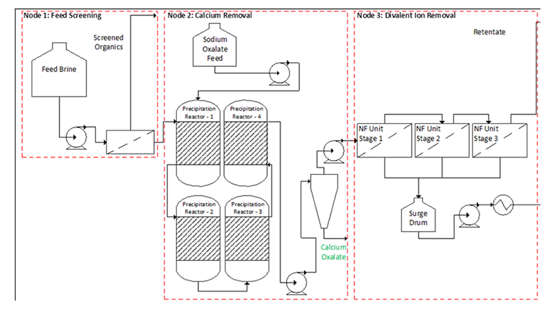A proposed process flow diagram of the ion extraction process from lithium brine is attached.