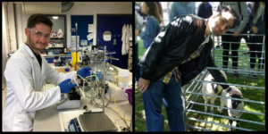 Male researcher working in a lab (left). Man petting two baby goats (right).