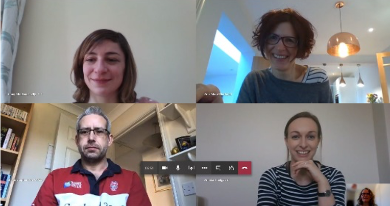 A screenshot of three females and a male having a Microsoft Teams meeting.