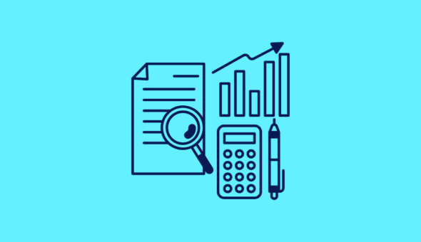 Icons of a paper and magnifying glass, an upwards-trending graph, a calculator and a pen.