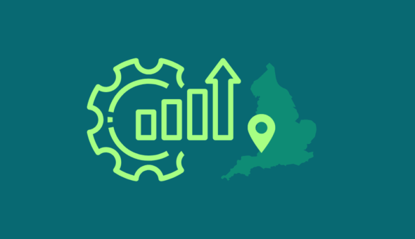 Image with pin on West of England and image with cog and chart indicating productivity