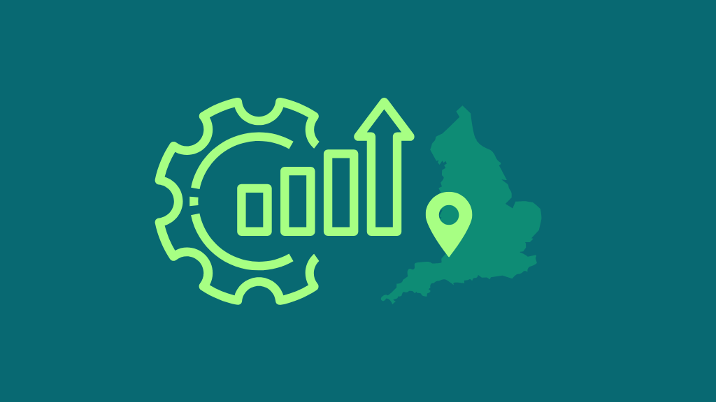 Image with pin on West of England and image with cog and chart indicating productivity