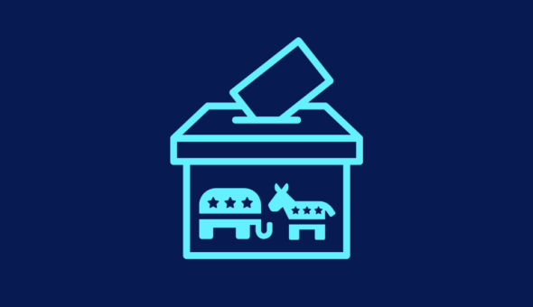 Icons of Republican Party elephant and Democratic Party donkey on ballot box