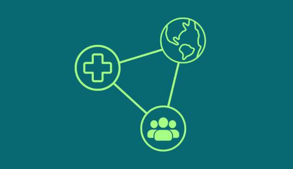 Icons representing health, climate and people connected together by lines.