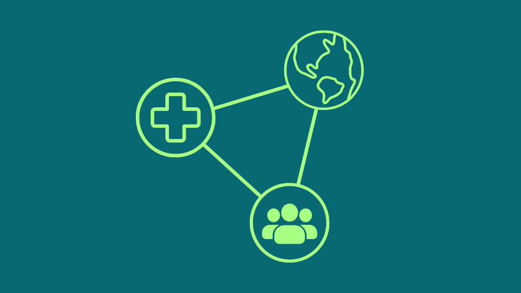 Icons representing health, climate and people connected together by lines.