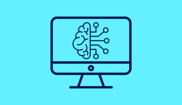 An icon of a computer screen and on it is an icon of a brain with circuits extending from its right side.