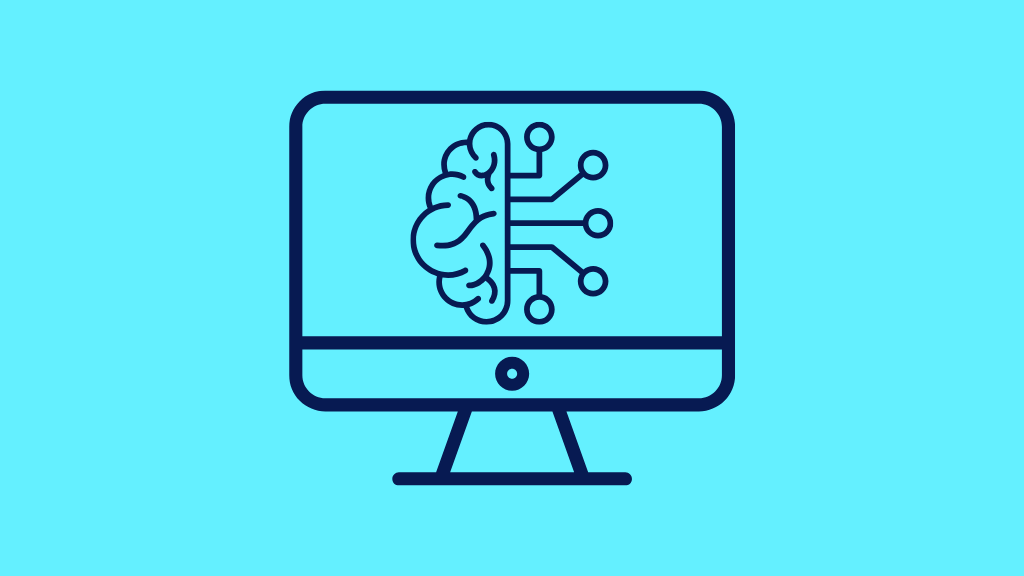 An icon of a computer screen and on it is an icon of a brain with circuits extending from its right side.