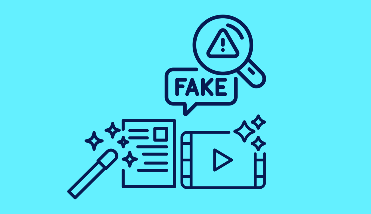 Symbols of artificially generated content with a magnifying lens alerting 'FAKE'.