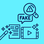 Symbols of artificially generated content with a magnifying lens alerting 'FAKE'.