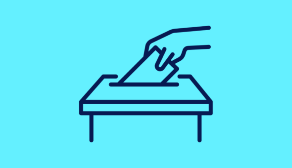 Icon of a hand posting a ballot into a ballot box.