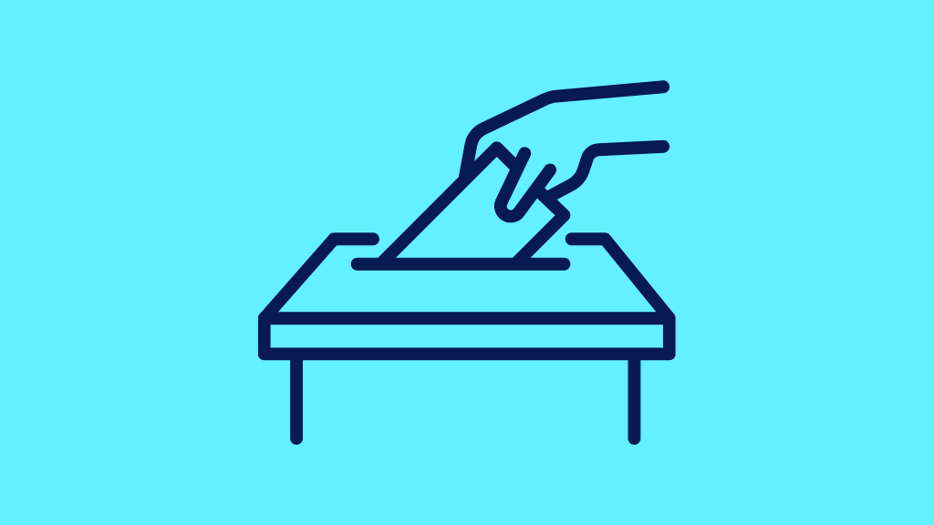 Icon of a hand posting a ballot into a ballot box.
