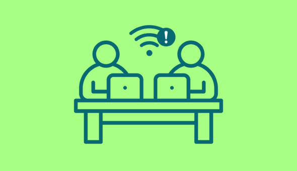 Icon of two people working at a desk with limited wifi