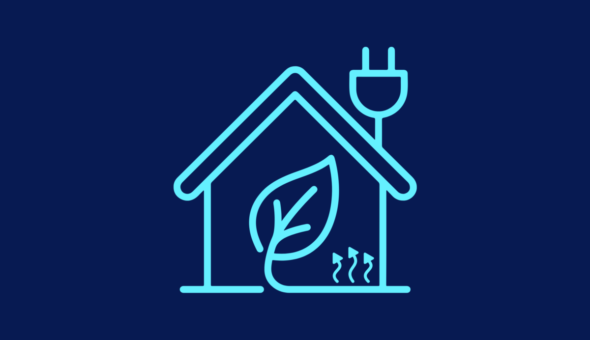 Icon of house with plug, leaf (sustainability) and heating symbols