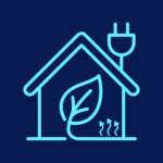 Icon of house with plug, leaf (sustainability) and heating symbols
