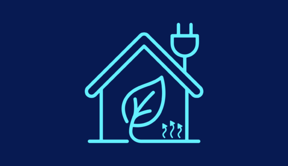 Icon of house with plug, leaf (sustainability) and heating symbols