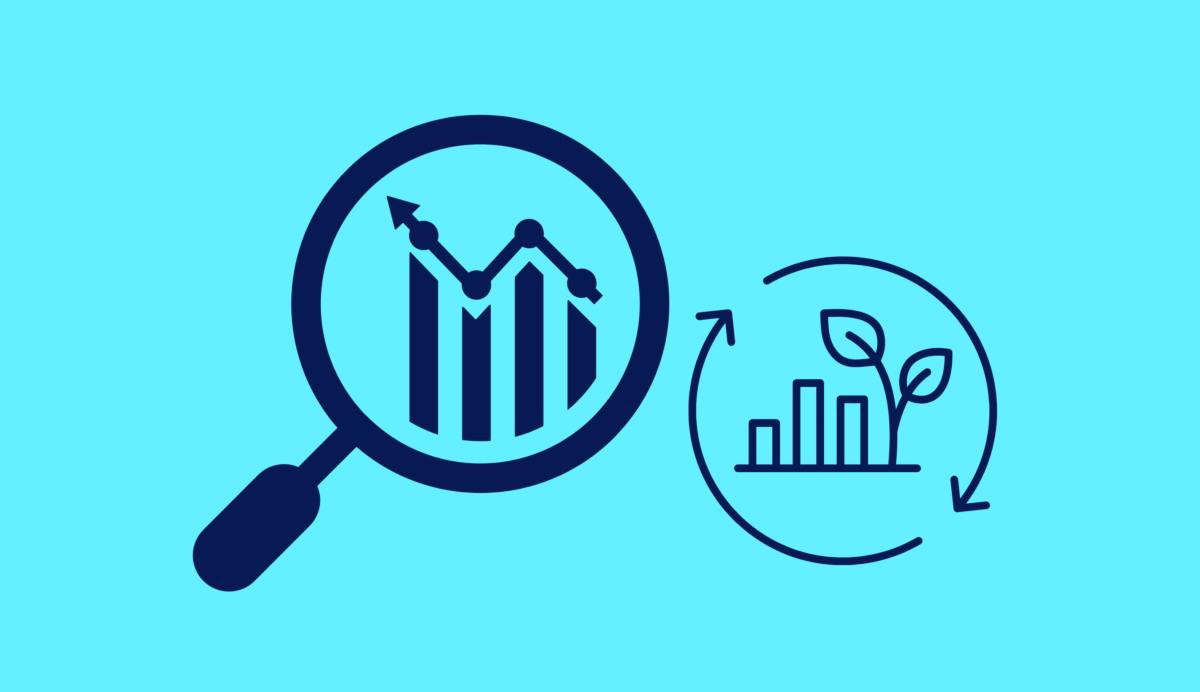 Icon of magnifying glass focusing on a bar chart with sustainability symbols