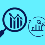 Icon of magnifying glass focusing on a bar chart with sustainability symbols