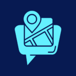 An icon depicting a map with a location pin on top of the outline of a speech bubble.
