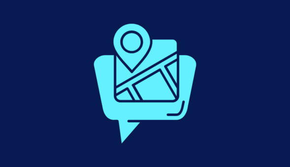 An icon depicting a map with a location pin on top of the outline of a speech bubble.
