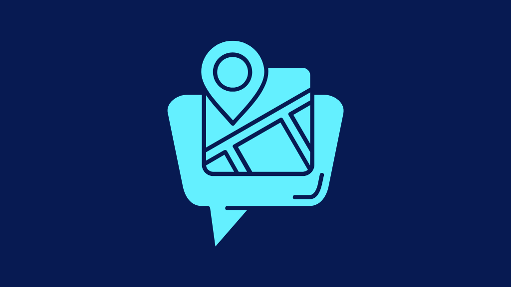 An icon depicting a map with a location pin on top of the outline of a speech bubble.