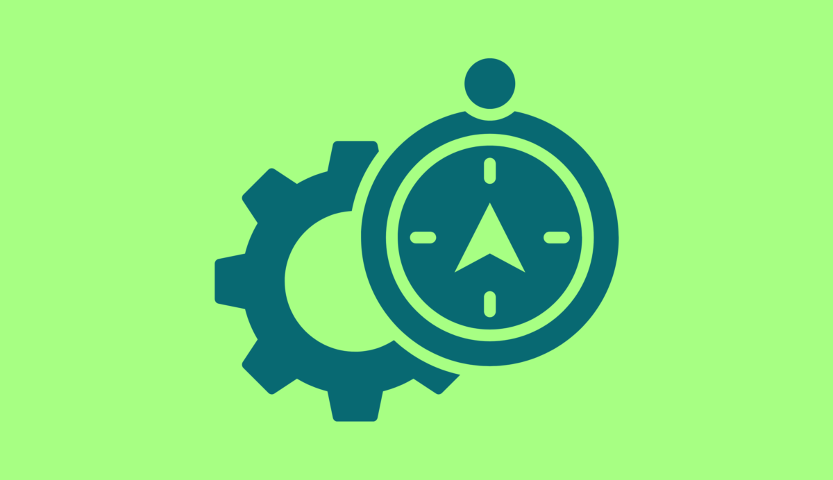 Icon of a compass pointing north and a cog.