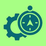Icon of a compass pointing north and a cog.