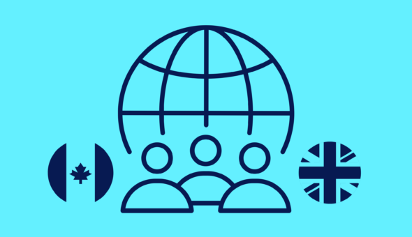 Icon of the globe alongside the UK and Canada flags