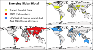 Three world maps highlighting the countries attributed to: (1) Trump's Board of Peace; (2) BRICS; and (3) the UK-led Strait of Hormuz summits.