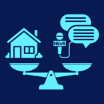 Scales with a house on one side and speech bubbles on the other