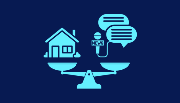 Scales with a house on one side and speech bubbles on the other