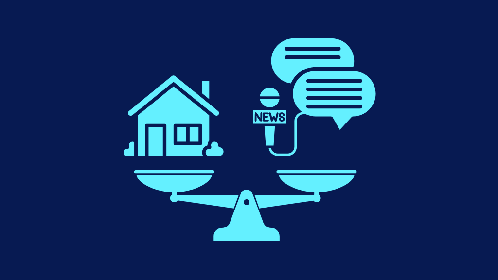 Scales with a house on one side and speech bubbles on the other