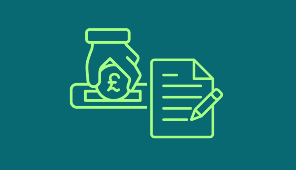 Icons of a document and a hand inserting a coin into a slot.