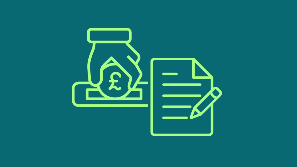 Icons of a document and a hand inserting a coin into a slot.