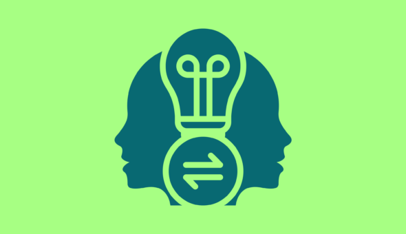 Icon of two heads, a shared lightbulb and arrows pointing in either direction.