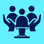 Hands supporting people behind a lectern
