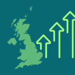 Map of UK with upward pointing arrows