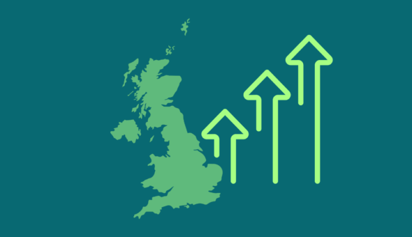 Map of UK with upward pointing arrows