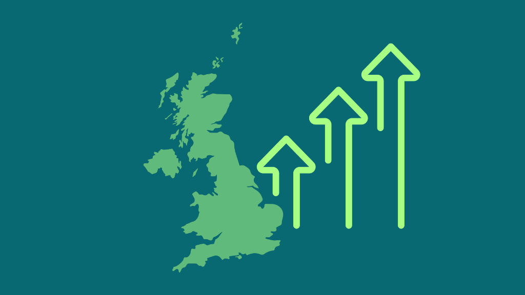 Map of UK with upward pointing arrows