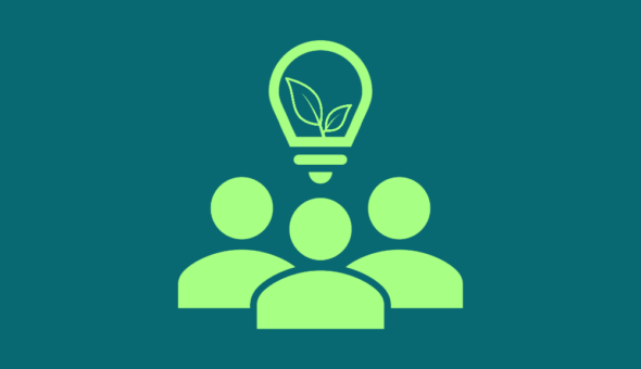 Icons of three people with a light bulb overhead and a sprouting leaf inside.