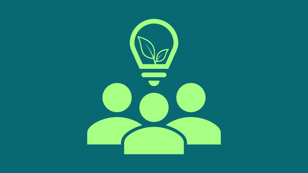Icons of three people with a light bulb overhead and a sprouting leaf inside.