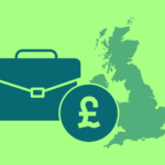 Silhouette of the UK next to a briefcase and pound.