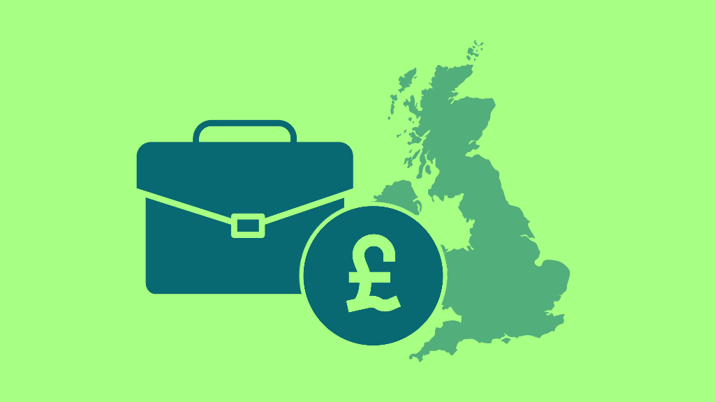 Silhouette of the UK next to a briefcase and pound.