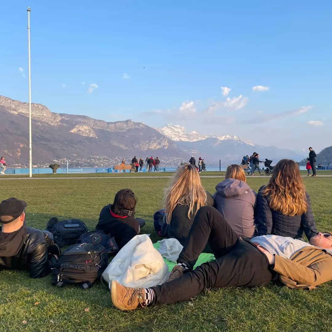 A group of students looking at mountains