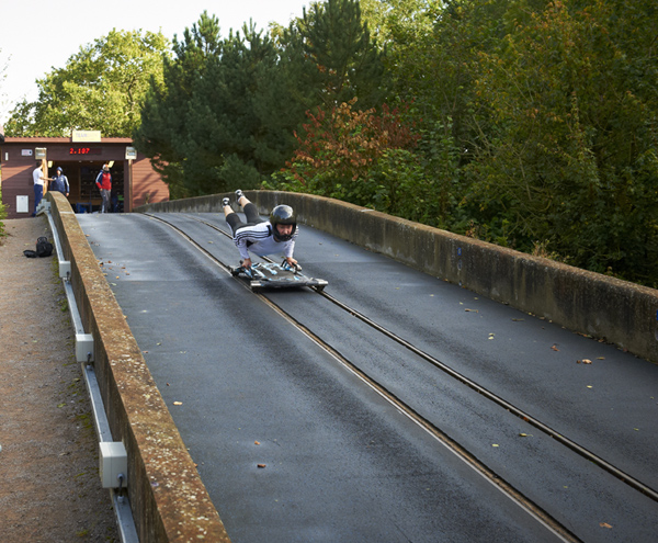 Lizzy Yarnold training on the University's concrete push-start track