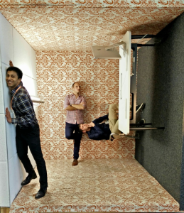 Prithu, Martin and Ventsislav (from left to right) opposing gravity at the Facebook HQ.