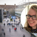 A picture of a smiling blonde woman against a backdrop of a bustling university.