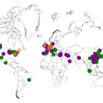 World map with the dots showing the locations of people doing ankle research.