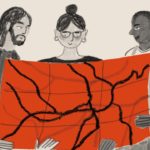 Illustration of three people holding a large orange map of many roads and paths